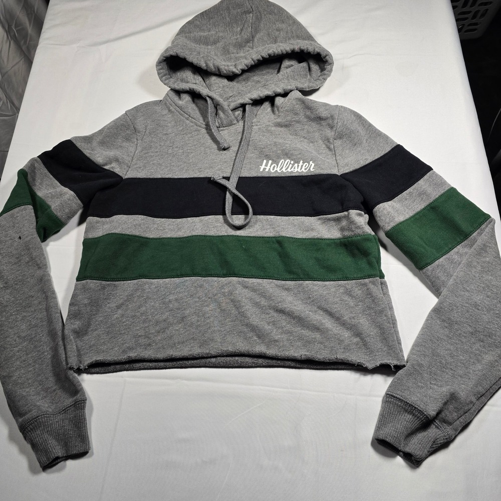 Hollister Women XS  Gray Colorblock Cropped Hoodie Sweatshirt Green Black